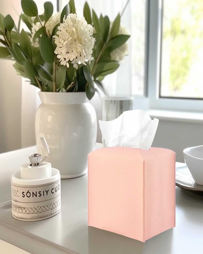 JESMINI Pink Tissue Box Cover Leather – with Bottom Belt [] Decorative Modern PU Leather Tissue Box Holder for Bathroom Vanity/Night Stands/Office - Image 3
